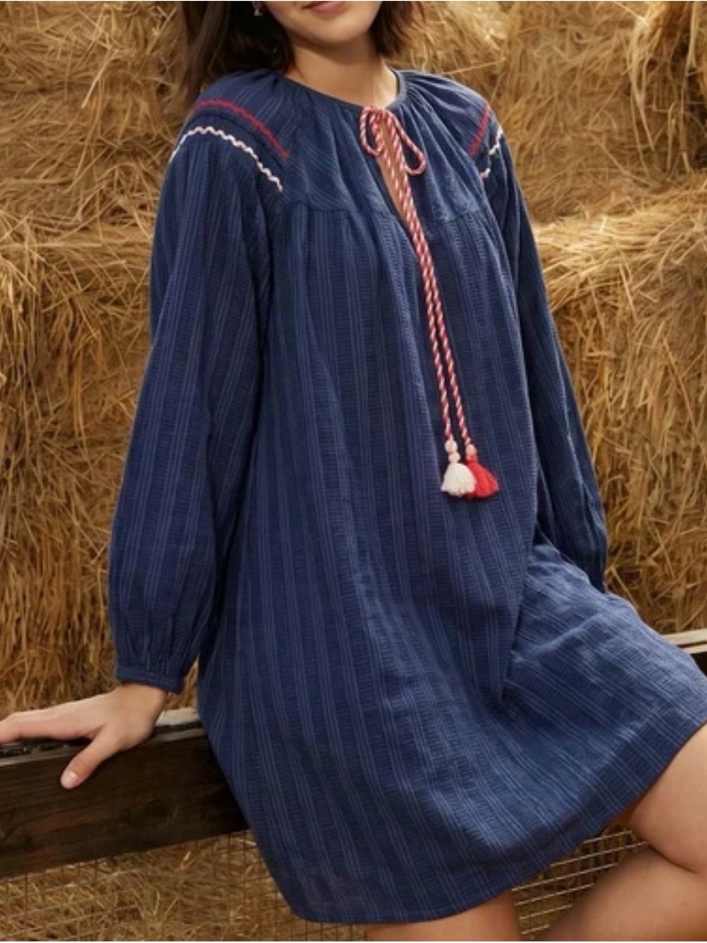 Conditions Apply Women's Purple-Navy Peasant Tie-Neck Dress